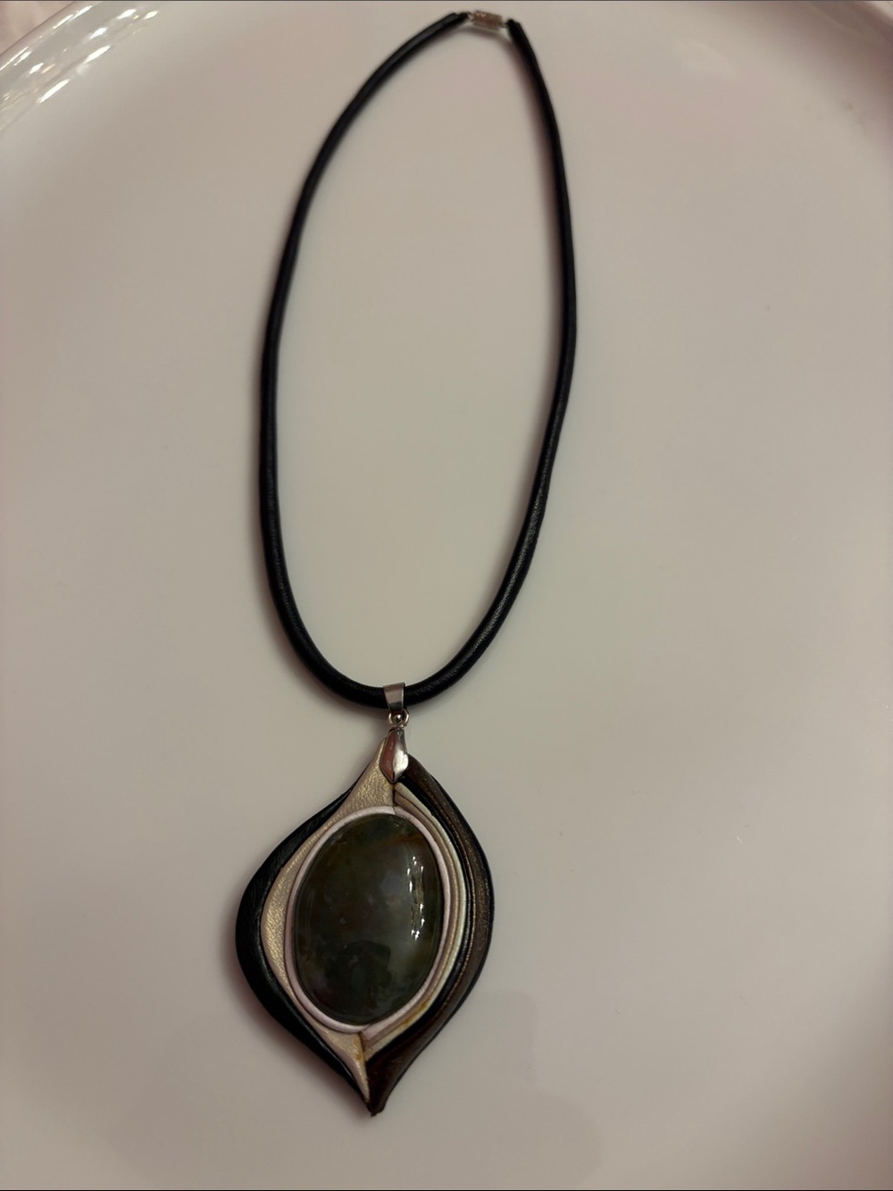 Elegant Black Leather Necklace with Green Stone Pendant